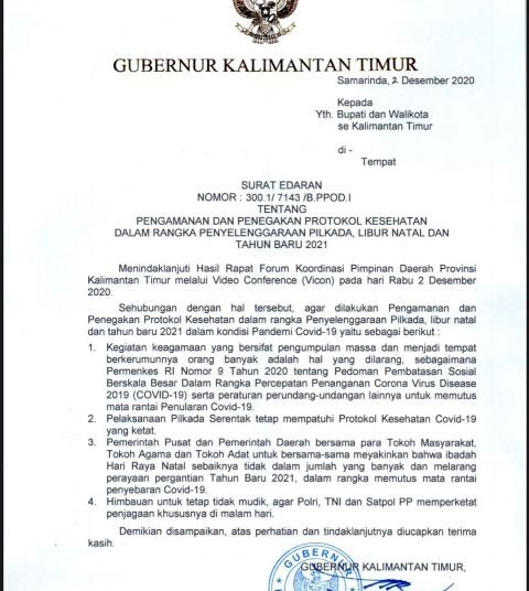 PEMPROV KALTIM MELARANG MASYARAKAT BERKUMPUL DAN MUDIK